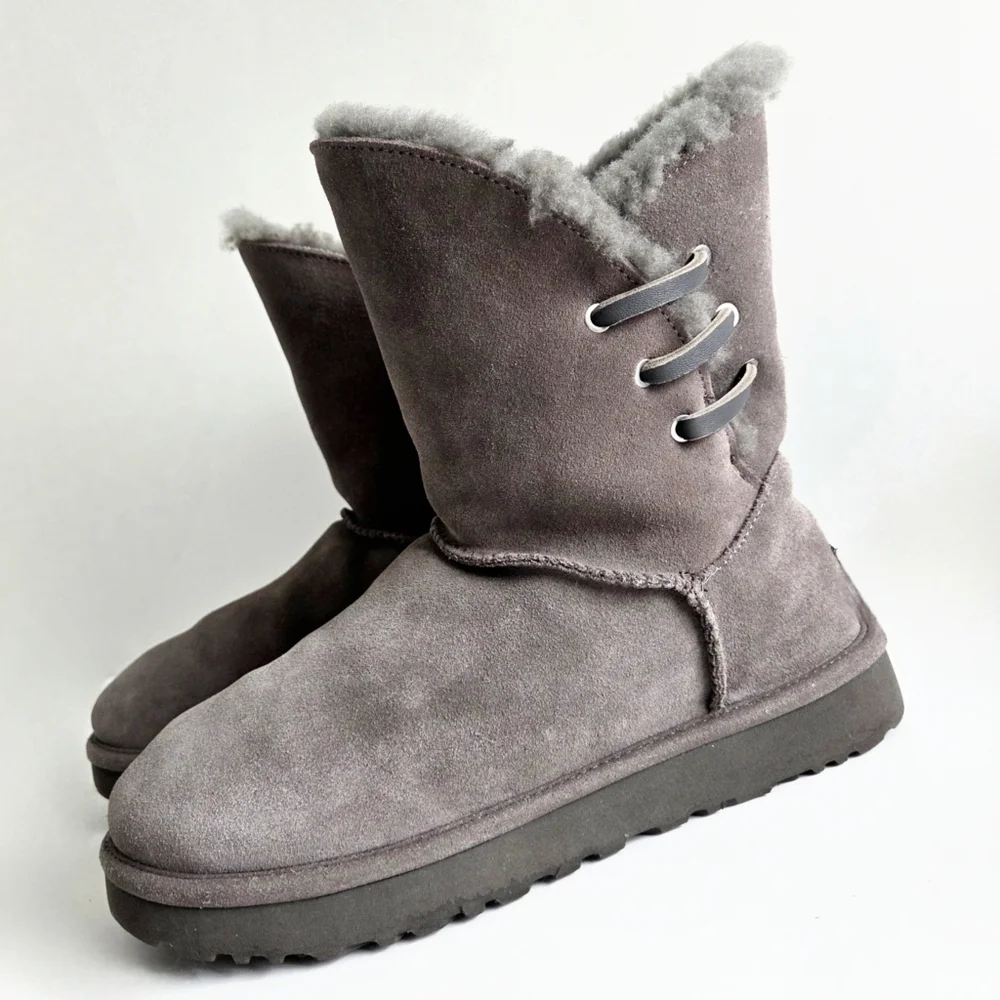 UGG Constantine Low Calf Shearling  & Leather Boots W/ Laced Side, Gray, Size 9